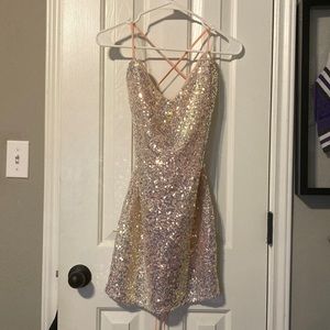 Pink sequin mini dress with lace up back